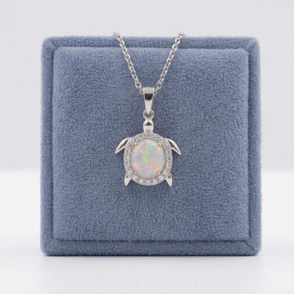 Tiny Turtle Pendant Necklace Silver 925 Oval Opal Clear CZ