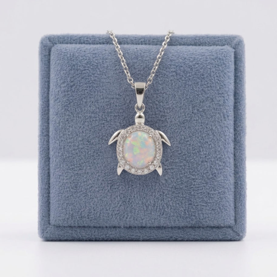 Tiny Turtle Pendant Necklace Silver 925 Oval Opal Clear CZ