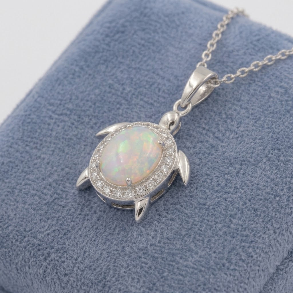 Tiny Turtle Pendant Necklace Silver 925 Oval Opal Clear CZ