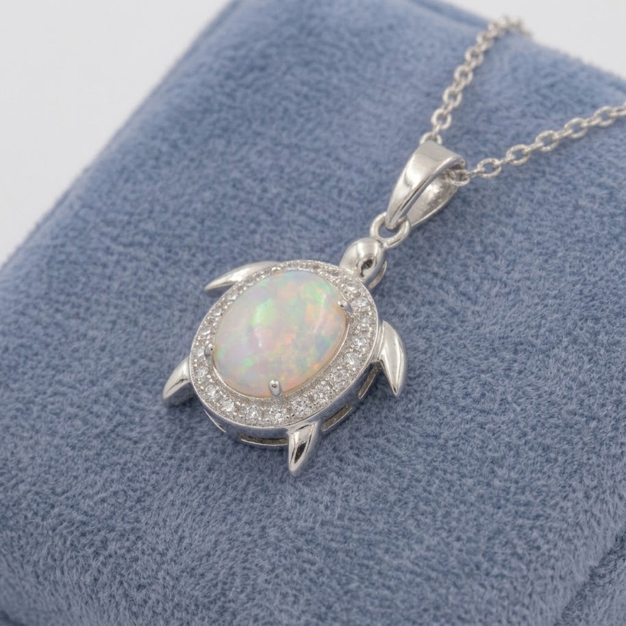 Tiny Turtle Pendant Necklace Silver 925 Oval Opal Clear CZ