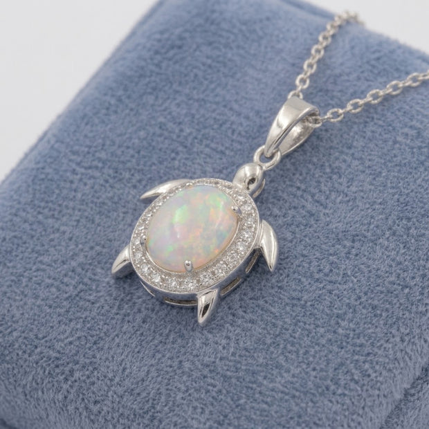 Tiny Turtle Pendant Necklace Silver 925 Oval Opal Clear CZ
