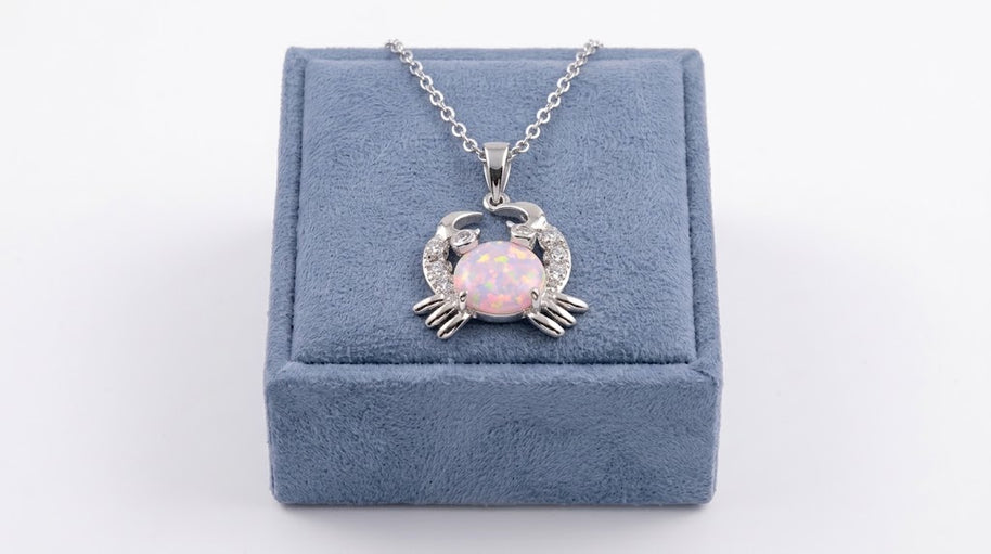 Crab with CZ and Synthetic Opal Center Stone Silver 925 Rhodium Plated