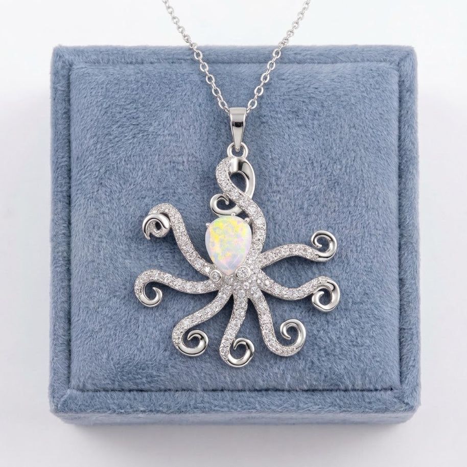 Octopus Pendant Opal Silver 925 Rhodium Plated
