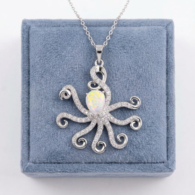 Octopus Pendant Opal Silver 925 Rhodium Plated