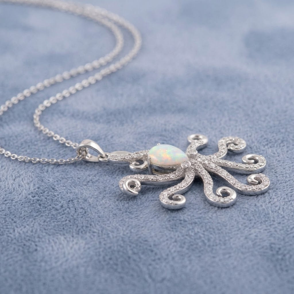 Octopus Pendant Opal Silver 925 Rhodium Plated