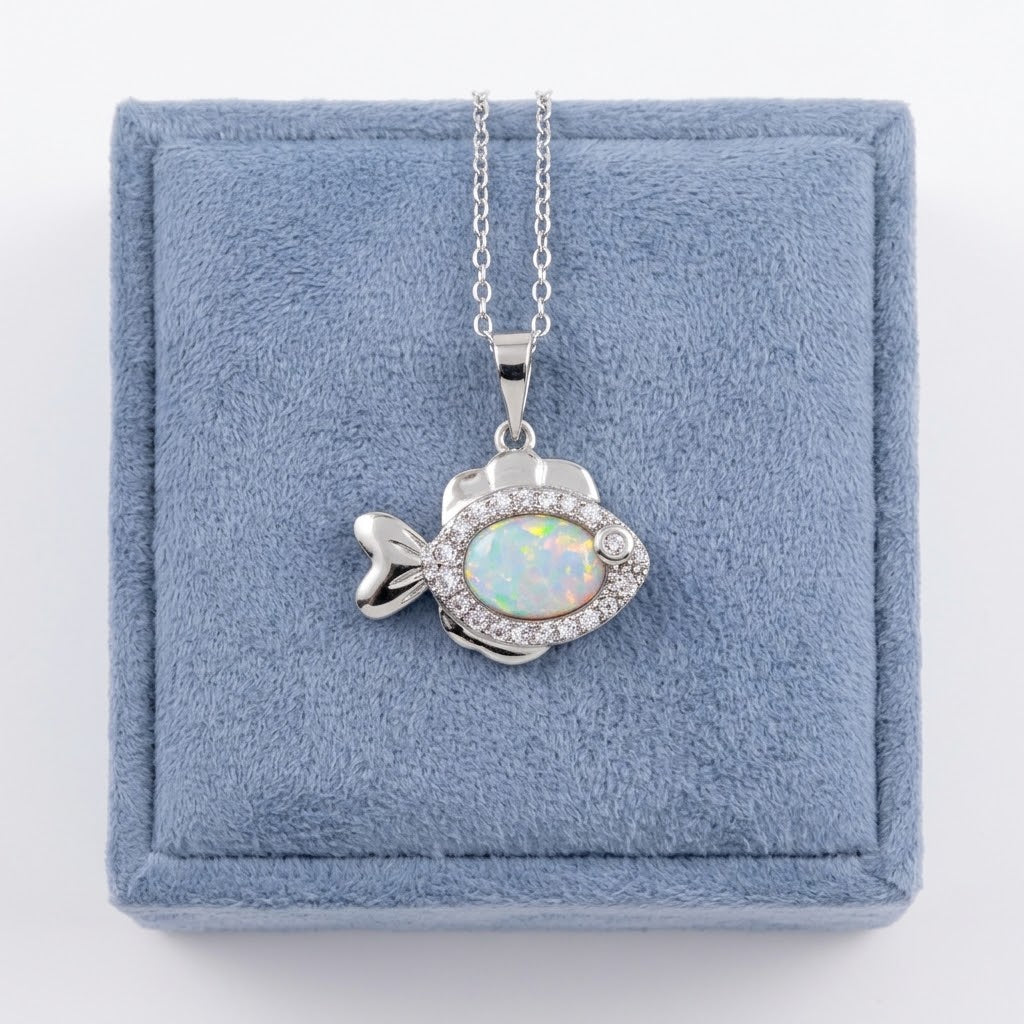 Fish with CZ and Synthetic Opal Necklace Silver 925 Rhodium Plated