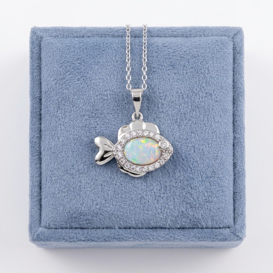 Fish with CZ and Synthetic Opal Necklace Silver 925 Rhodium Plated