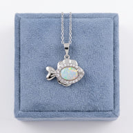 Fish with CZ and Synthetic Opal Necklace Silver 925 Rhodium Plated