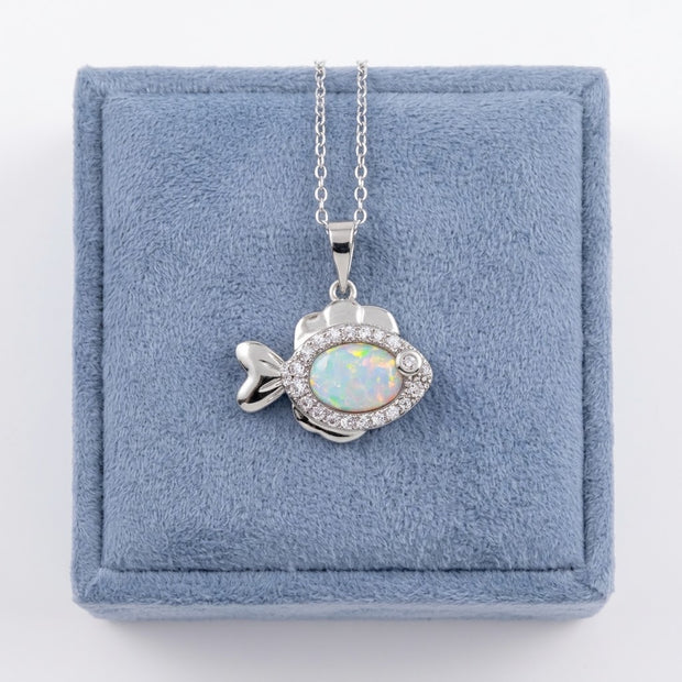 Fish with CZ and Synthetic Opal Necklace Silver 925 Rhodium Plated