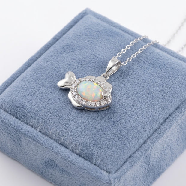 Fish with CZ and Synthetic Opal Necklace Silver 925 Rhodium Plated