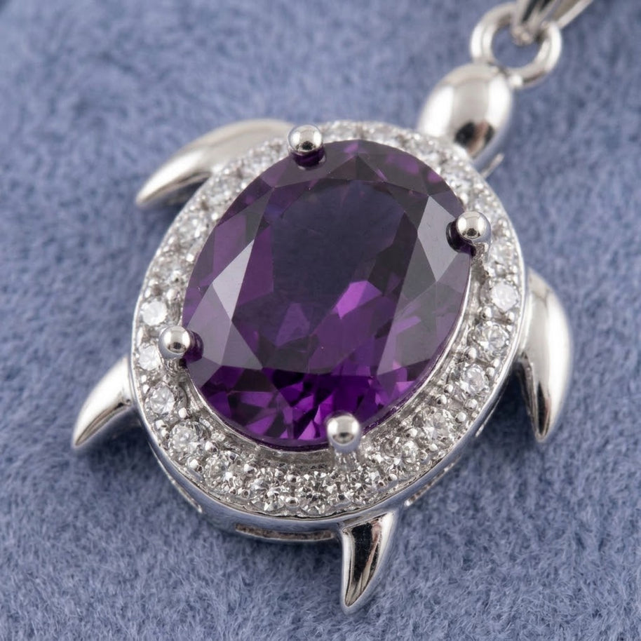 Turtle Pendant Necklace with Purple CZ Rhodium Plated 925 Sterling Silver