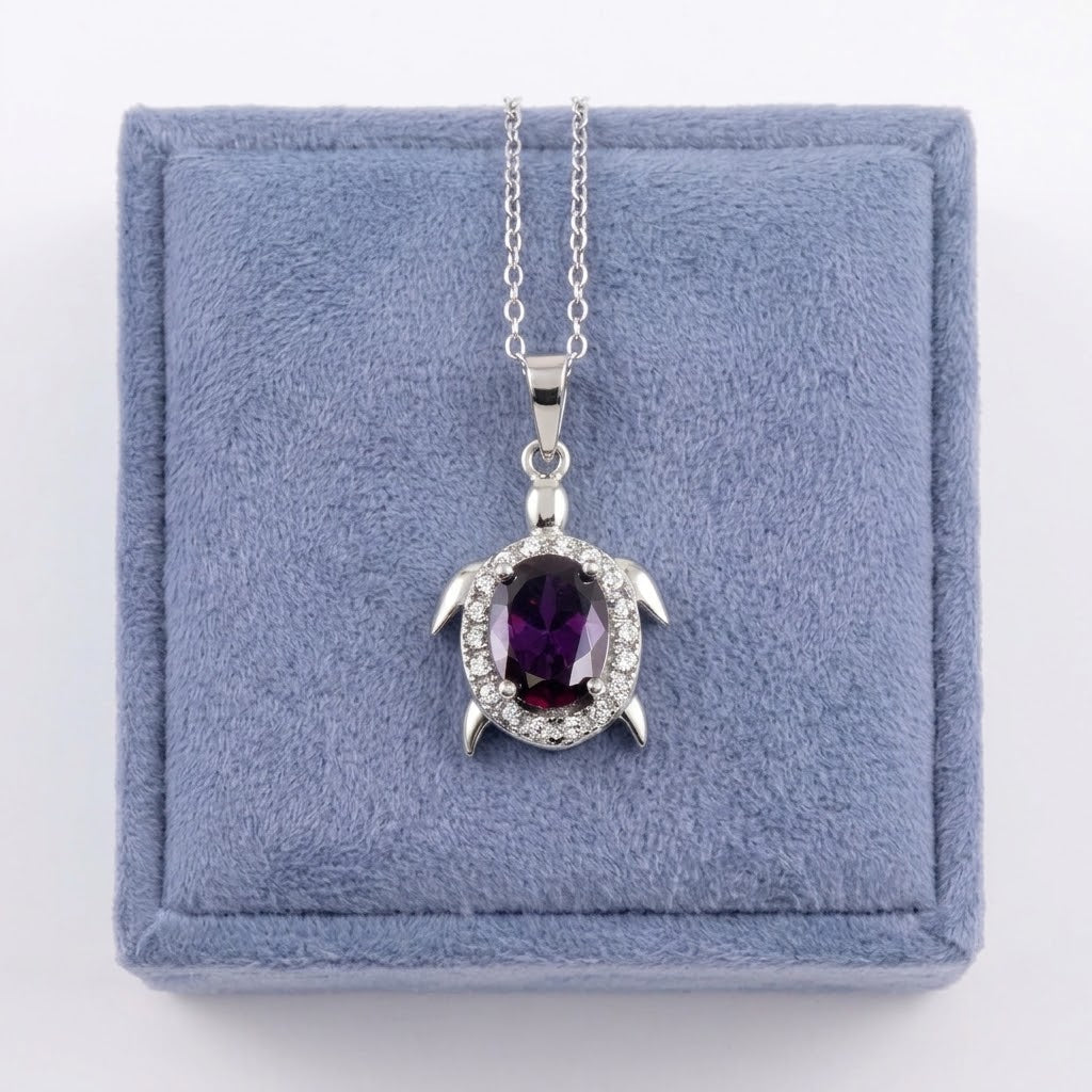 Turtle Pendant Necklace with Purple CZ Rhodium Plated 925 Sterling Silver