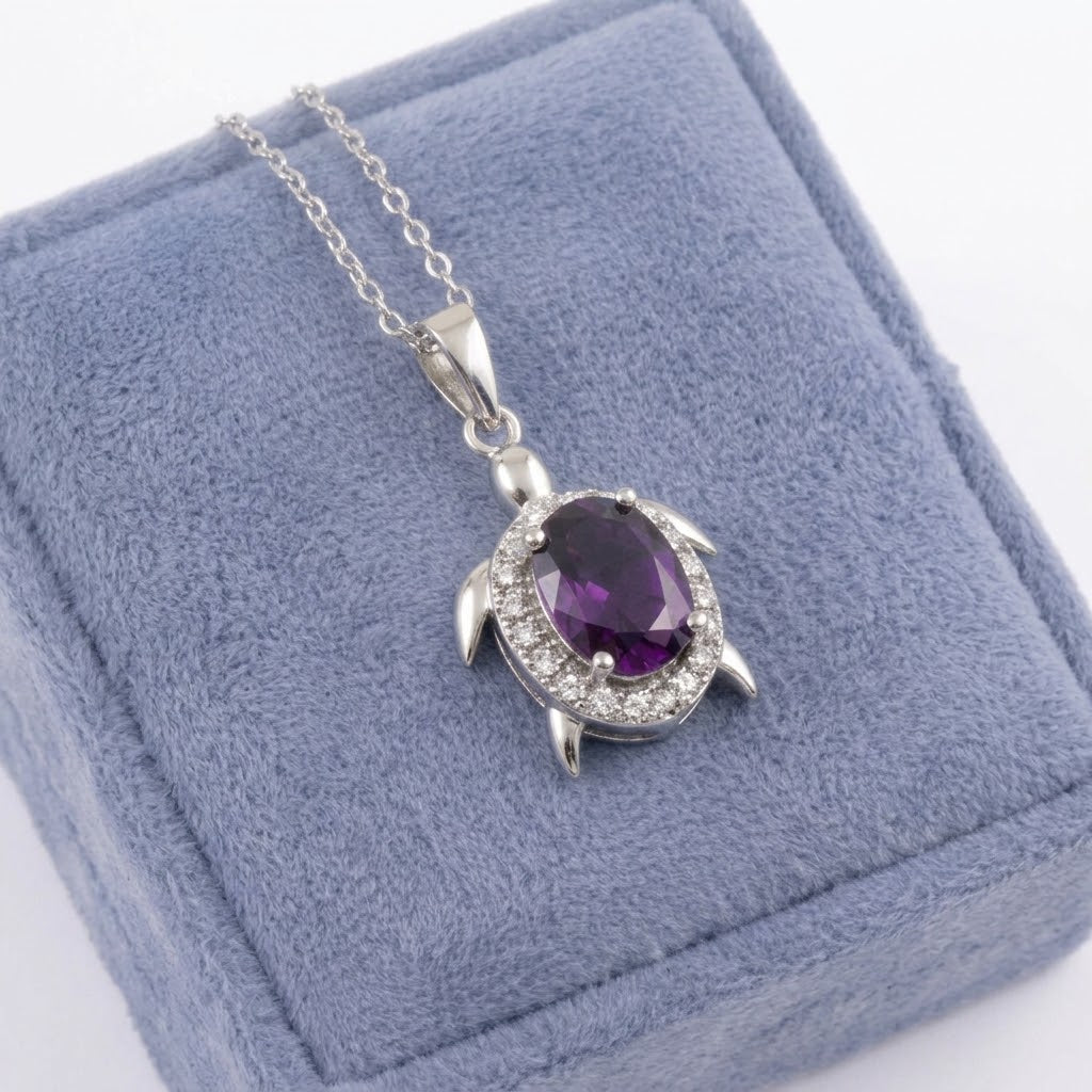 Turtle Pendant Necklace with Purple CZ Rhodium Plated 925 Sterling Silver