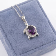 Turtle Pendant Necklace with Purple CZ Rhodium Plated 925 Sterling Silver