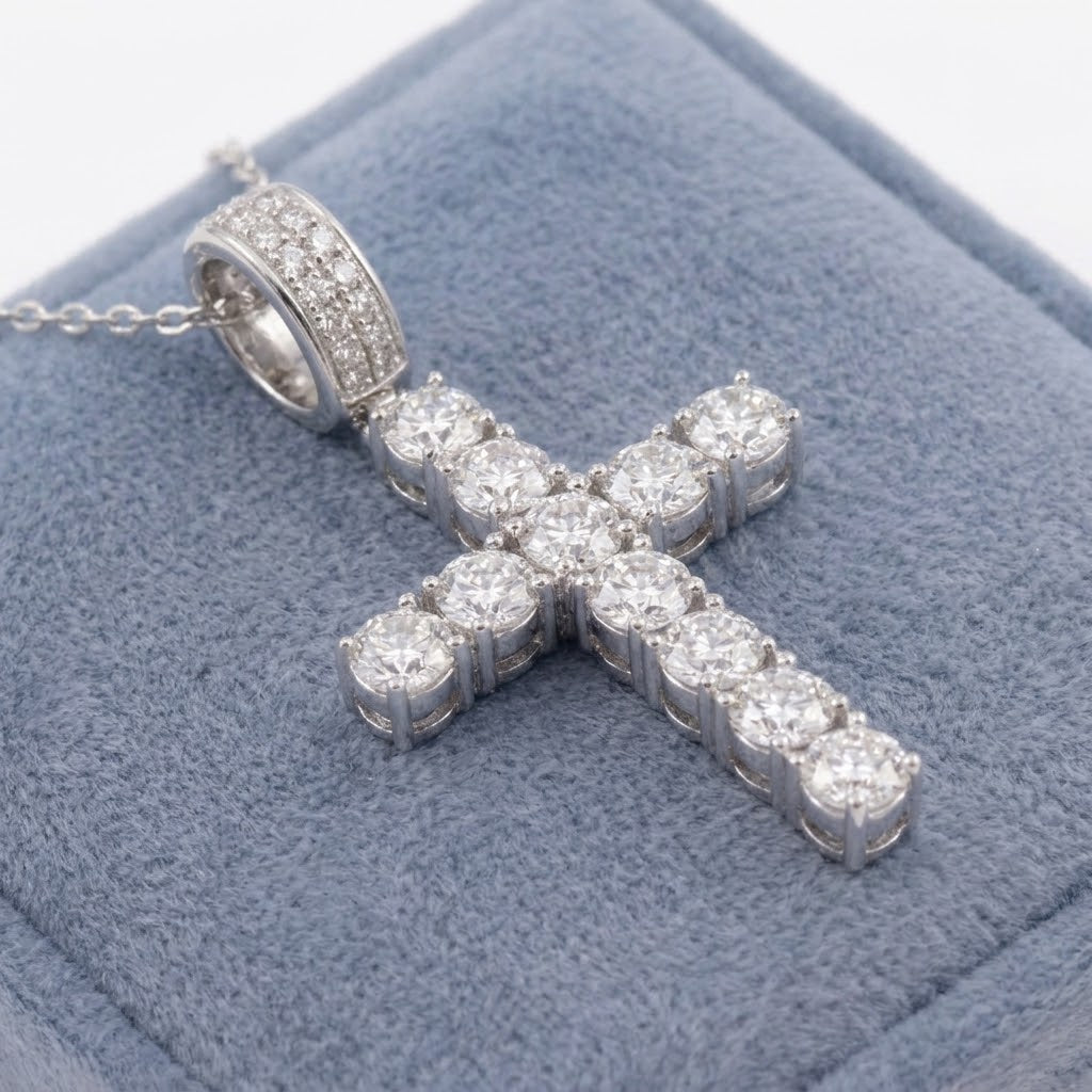 Moissanite Cross Rhodium Plated 925 Sterling Silver  21mm x 29mm Pendant
