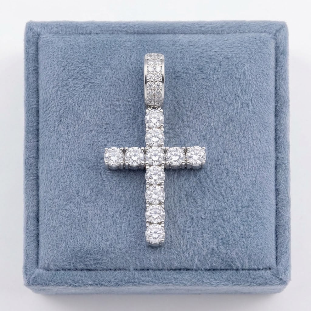 Moissanite Cross Rhodium Plated 925 Sterling Silver  21mm x 29mm Pendant