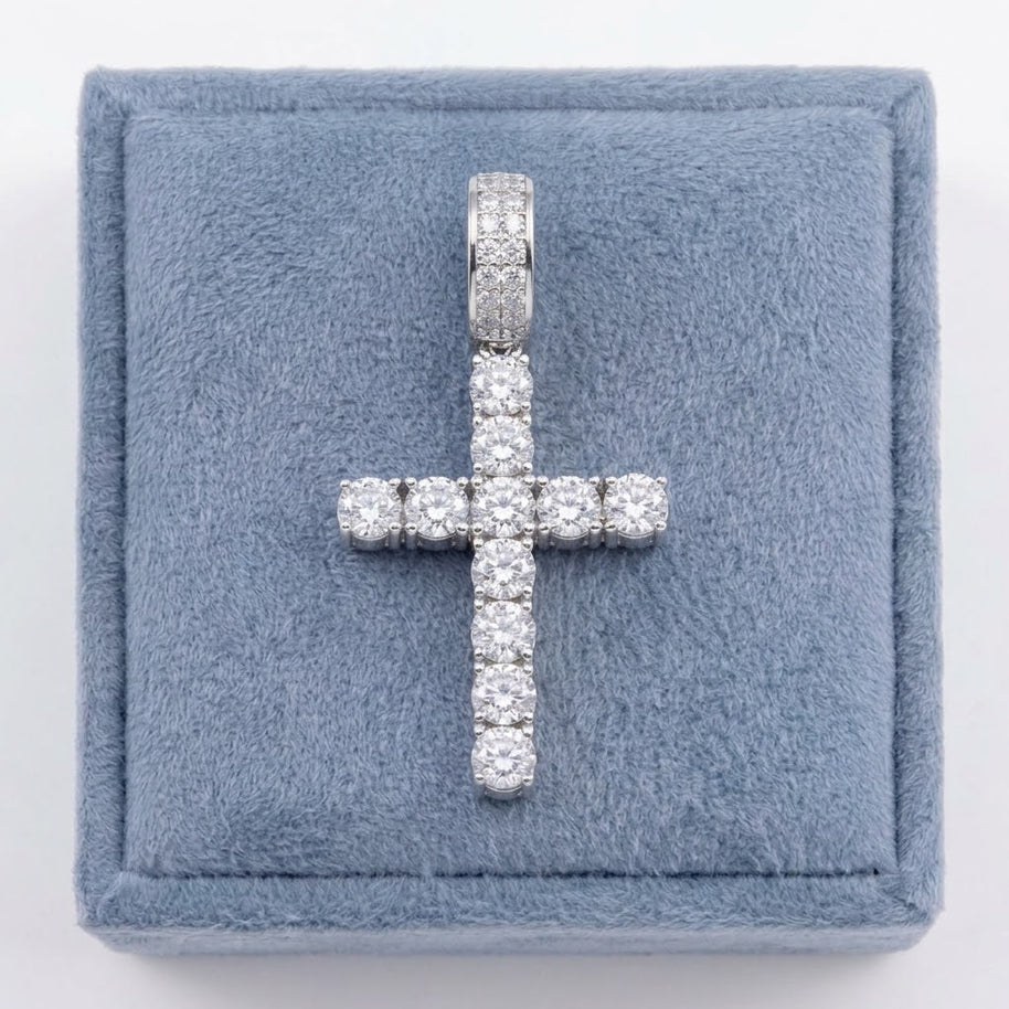 Moissanite Cross Rhodium Plated 925 Sterling Silver  21mm x 29mm Pendant